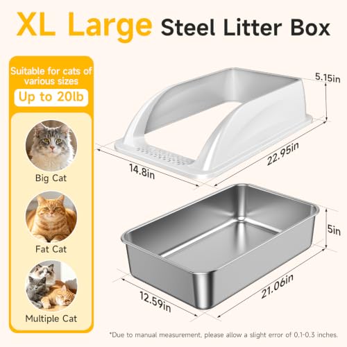 XL Open Top Stainless Steel Litter Box with High Sides,Light Gray