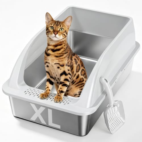 XL Open Top Stainless Steel Litter Box with High Sides,Light Gray