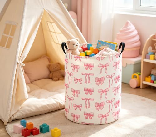 Girls Laundry Hamper Basket, Pink Bowknots