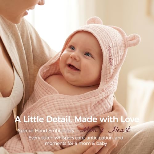 Momcozy 6-Layer Muslin Cotton Baby Towels with Hood, 32x32 Inch, Pink