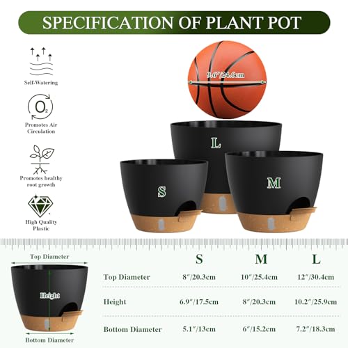 Self Watering Pots with Drainage Holes, 3 Pack 12/10/8 Inch Plant Pots with