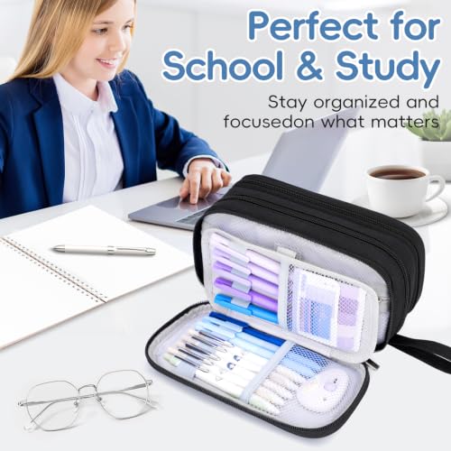 Pencil Case Large Capacity, 3 Compartment Black Big Pen Pouch with Zipper