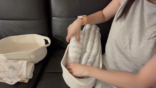 JMvicyroam Woven Basket,Small Rope Storage Bin with Handles & Ribbon Bag