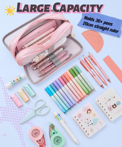 FAHZON Cute Pencil Case, 3 Large Compartments Pencil Pouch, Elastic Pen