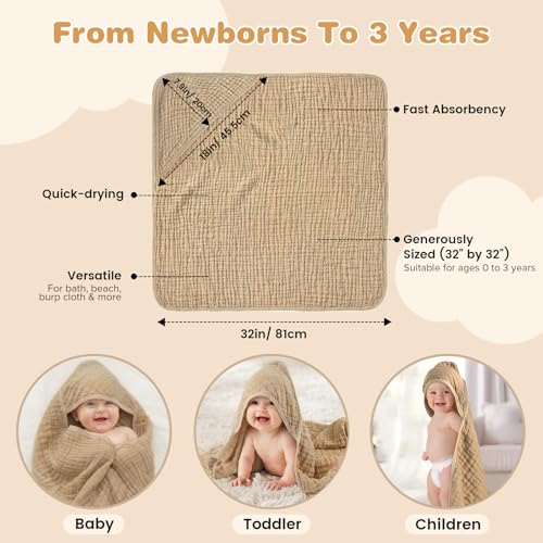 Muslin Hooded Baby Towels 2 Pack, 100% Cotton Baby Bath Towels for Newborn