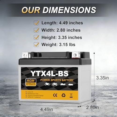 YTX4L-BS Motorcycle Battery 12V 3Ah, 70 CCA Sealed AGM Rechargeable