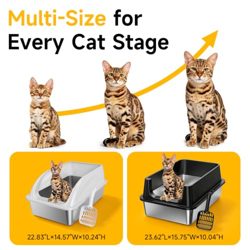 XL Open Top Stainless Steel Litter Box with High Sides,Light Gray