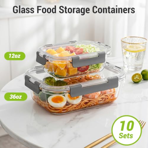 Dealusy 10 Sets 36 oz & 12 oz Glass Food Storage Containers with lids, Gray