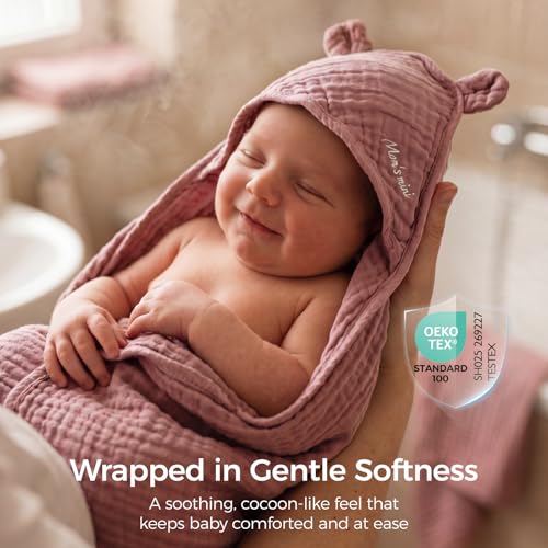Momcozy 6-Layer Muslin Cotton Baby Towels with Hood, 32x32 Inch, Pink