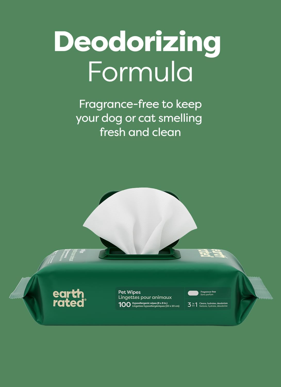 Earth Rated Pet Wipes for Dogs and Cats, Hypoallergenic, 3-in-1 Cleaning