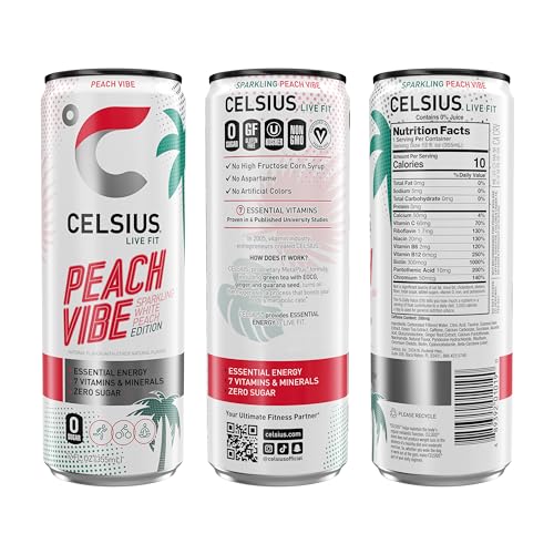 CELSIUS PEACH VIBE Sparkling White Peach, Sugar Free Energy Drink, 12 Fl Oz