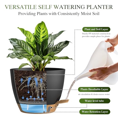 Self Watering Pots with Drainage Holes, 3 Pack 12/10/8 Inch Plant Pots with