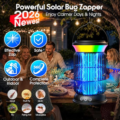 Solar Bug Zapper Outdoor, Mosquito Zapper with Rechargeable Bug Zapper