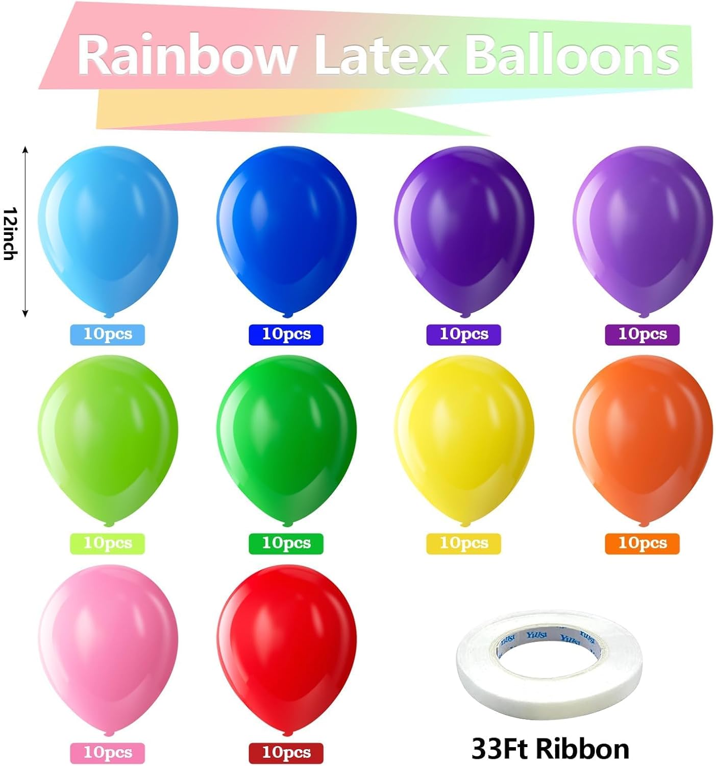 Bezente Assorted Rainbow Latex Balloons, 100 Pack 12 inch Round Helium Bright