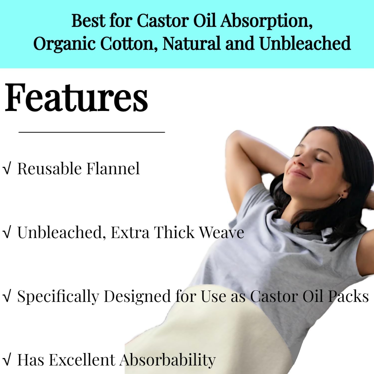 2 Pcs Organic Cotton Flannel for Castor Oil Pack Wrap, Reusable Castor Oil