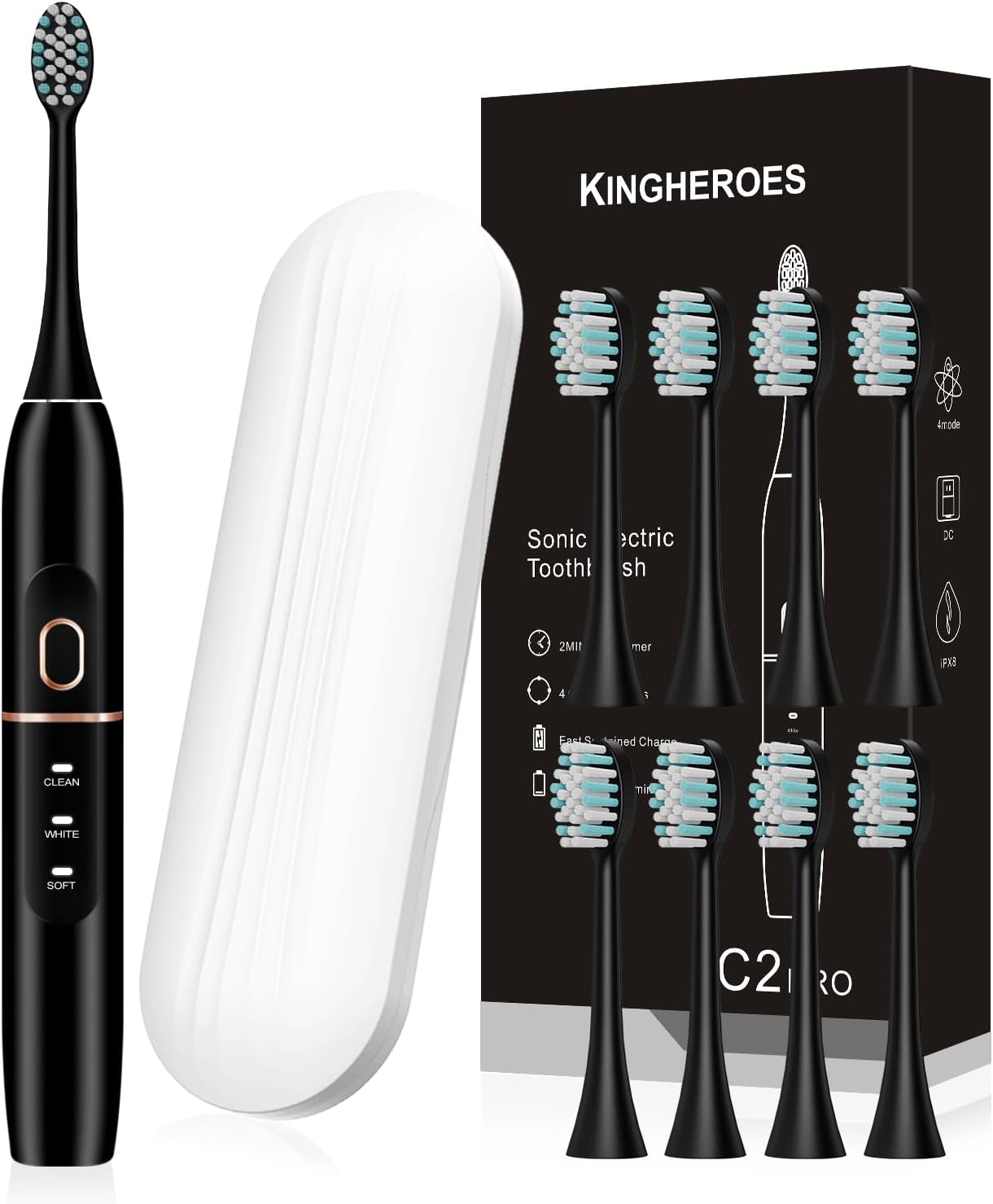 kingheroes Electric Toothbrush Set, Comes with 8 Brush Heads & Travel Case,4
