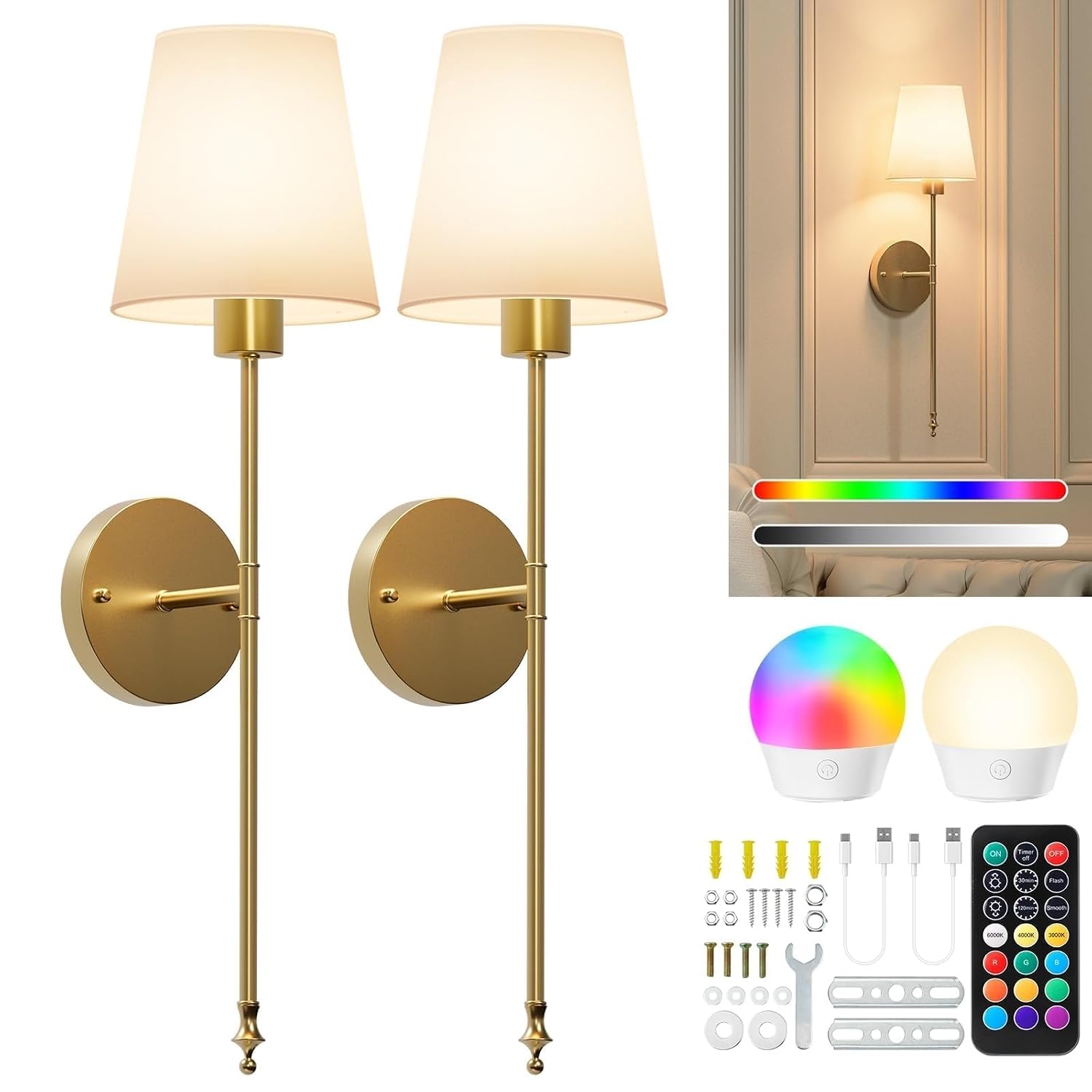 Brightown Battery Operated Wall Sconces Set of Two,Gold Sconces Wall Decor