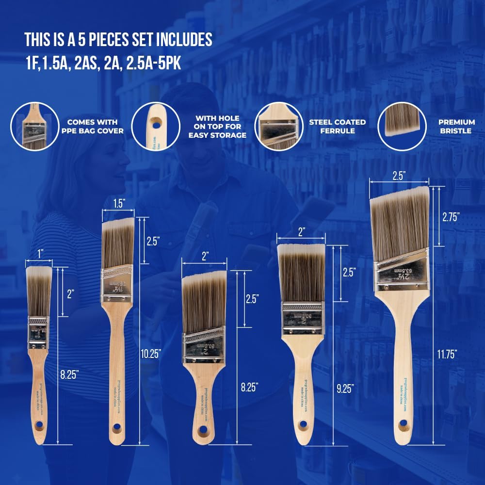 Pro Grade Paint Brushes, 5-Piece Paint Brush Set, Flat & Angle Brushes for
