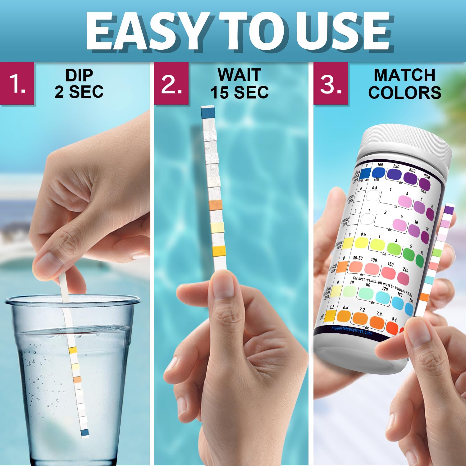 EASYTEST 7-Way Pool Test Strips, 150 Strips Water Chemical Testing for Hot