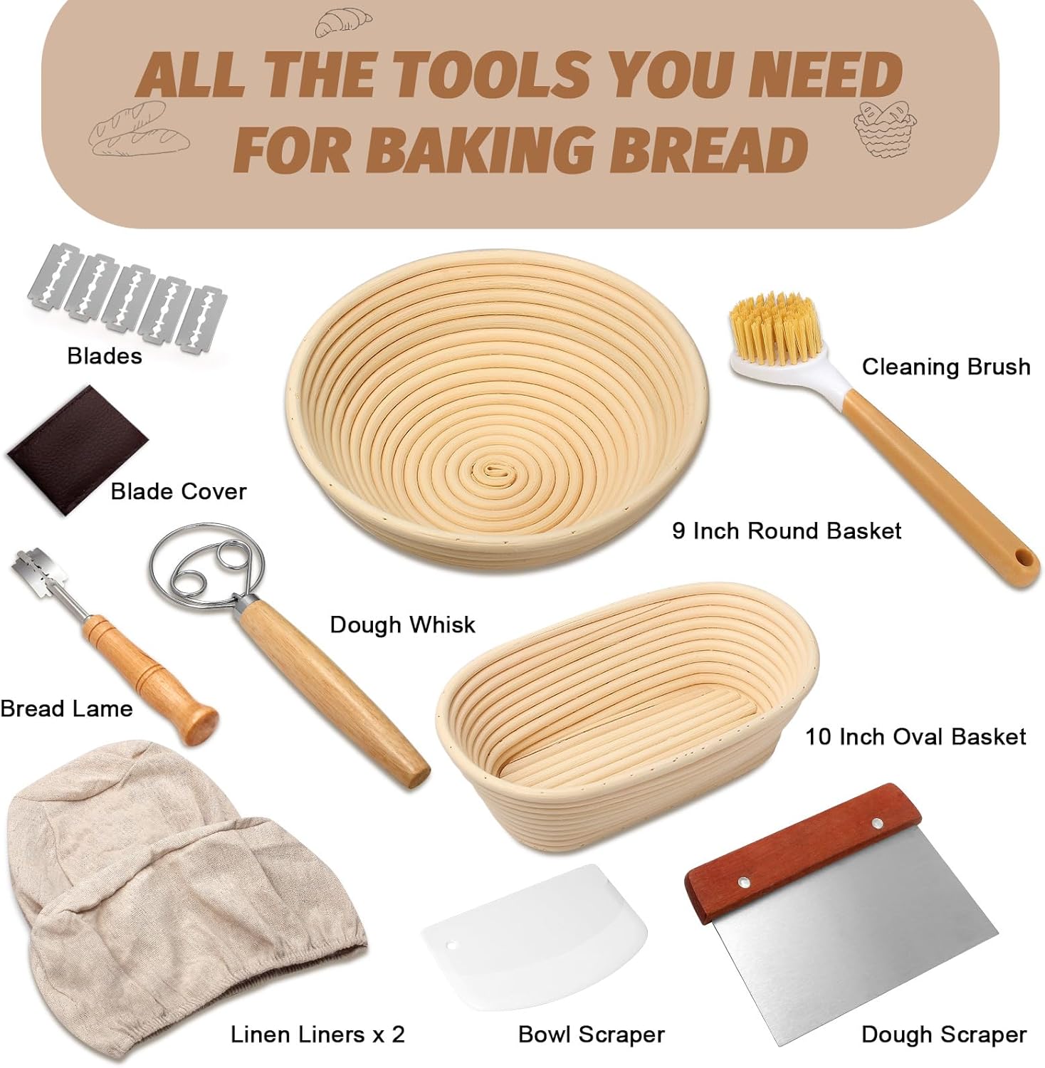 Sourdough Proofing Basket Gift Set, 9" Round and 10" Oval Banneton Bread