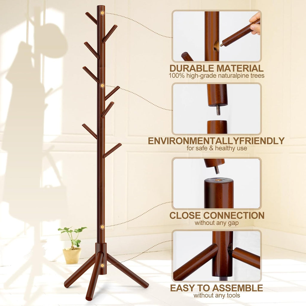 Solid Wooden Coat Rack Freestanding, New Zealand Pine Coat Tree with 8 Hooks