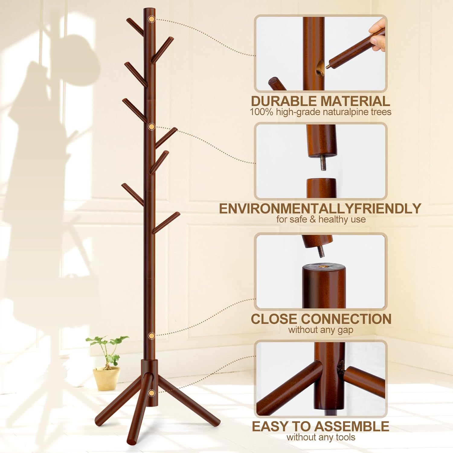 Solid Wooden Coat Rack Freestanding, New Zealand Pine Coat Tree with 8 Hooks