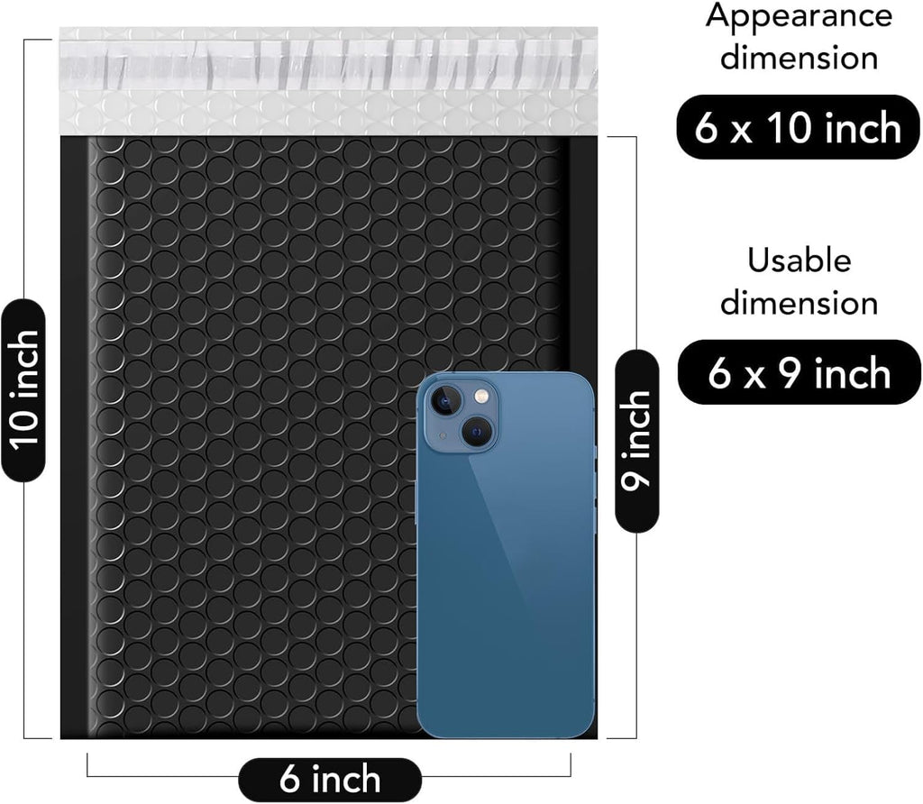 Fuxury Bubble Mailers 6x10" 100 Pack Black Padded Envelopes Usable Size 6x9"