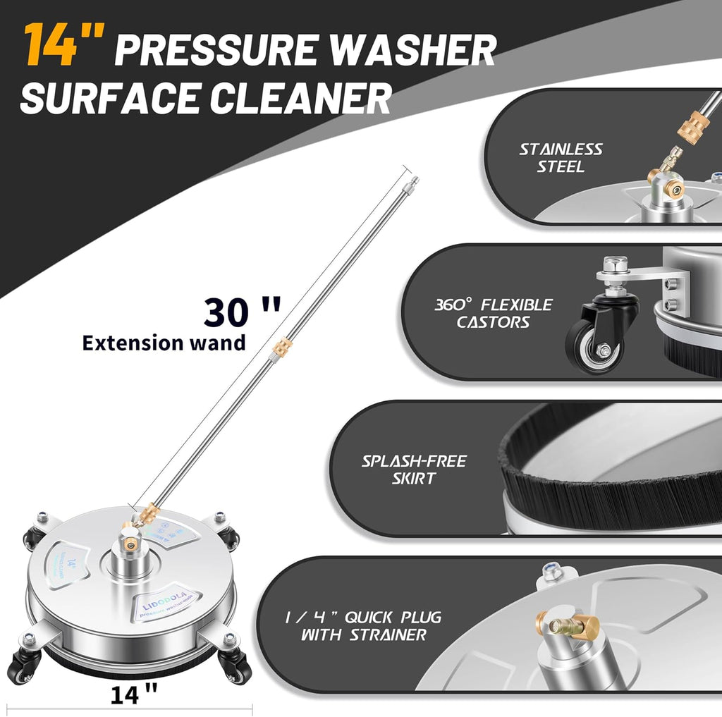14" Pressure Washer Surface Cleaner with 4 Wheels - Stainless Steel Surface