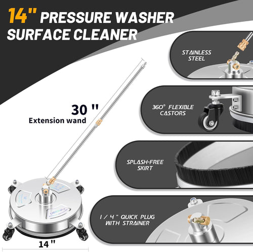 14" Pressure Washer Surface Cleaner with 4 Wheels - Stainless Steel Surface