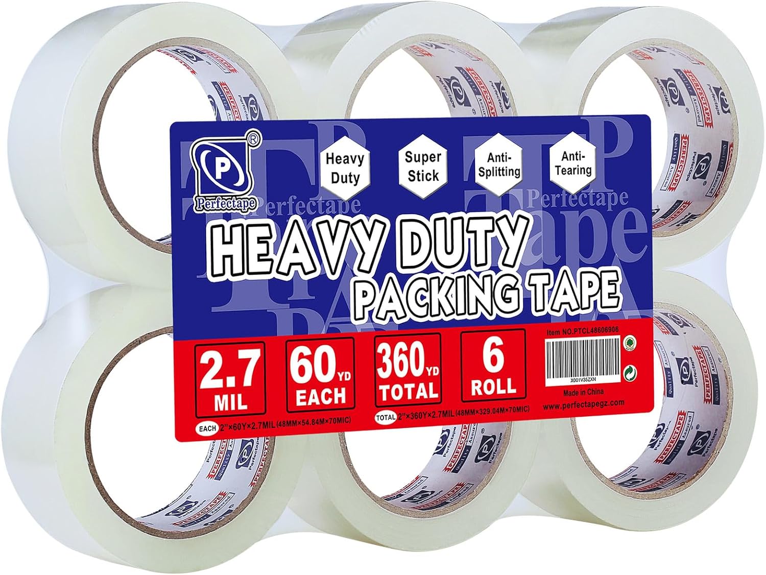 P PERFECTAPE Heavy Duty Packing Tape 6 Rolls, Total 360Y, Clear, 2.7 mil