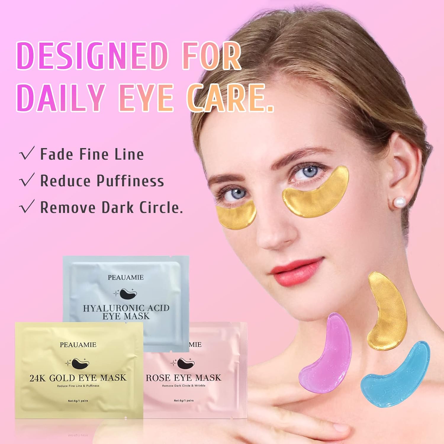 PEAUAMIE Under Eye Patches Gold and Hyaluronic Acid for puffy eyes,Rose Eye