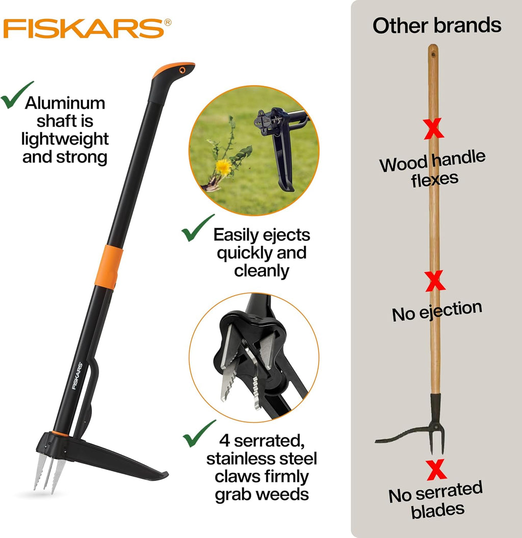Fiskars Stand-Up Weed Puller Tool, 4 Serrated Stainless Steel Claws Grip
