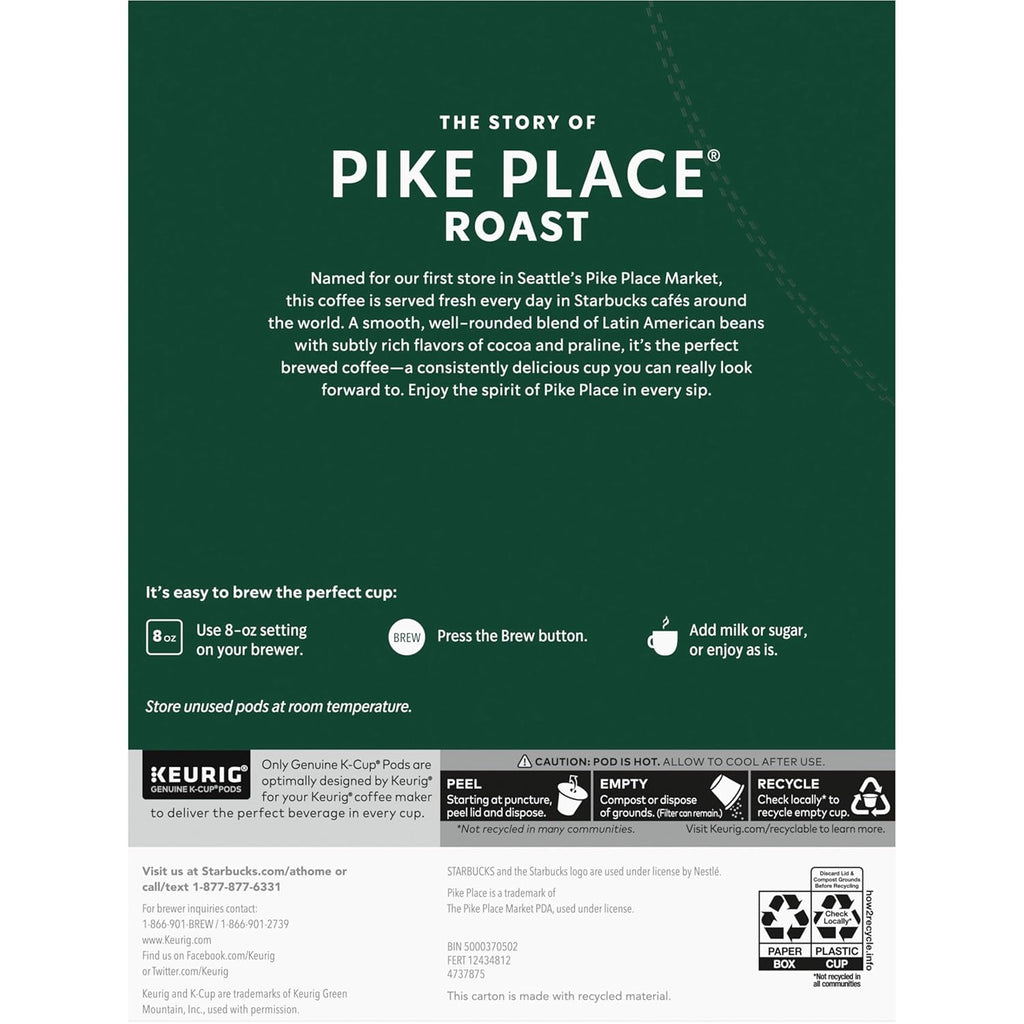 Starbucks K-Cup Coffee Pods, Medium Roast Hot or Iced Coffee, Pike Place