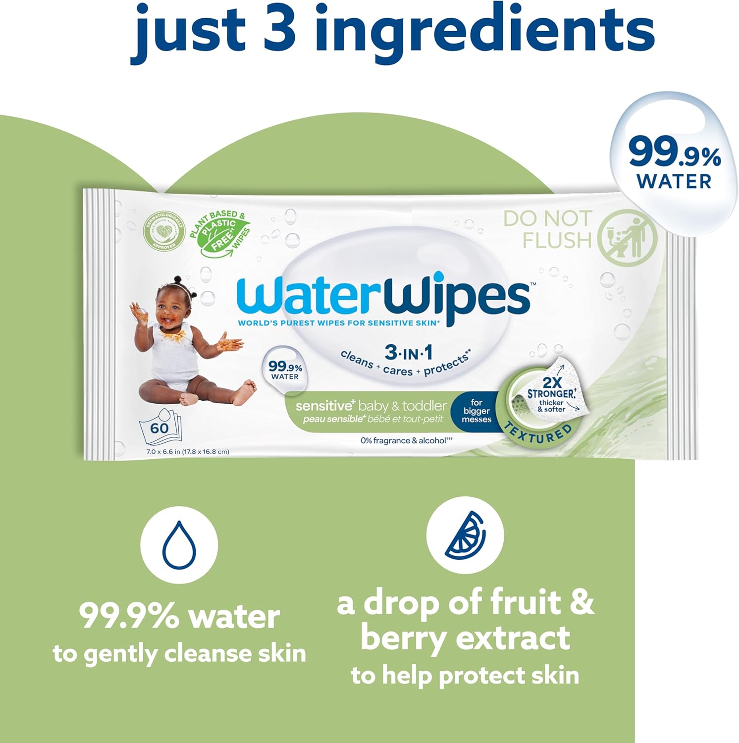 WaterWipes Sensitive+ Baby & Toddler Wipes, 3-In-1 Cleans, Cares, Protects