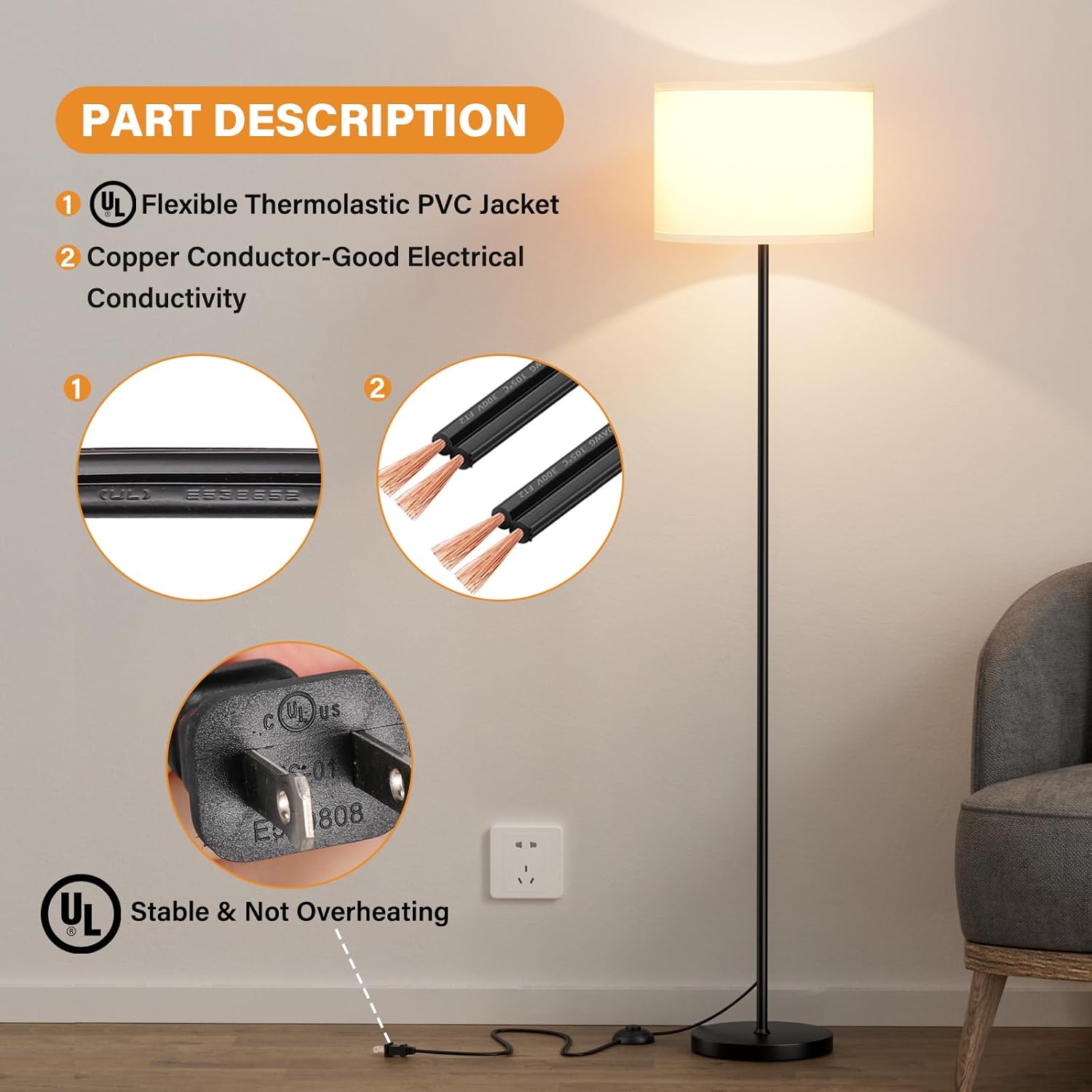 Modern Floor Lamp Simple Design with White Shade, Foot Pedal Switch, 60"