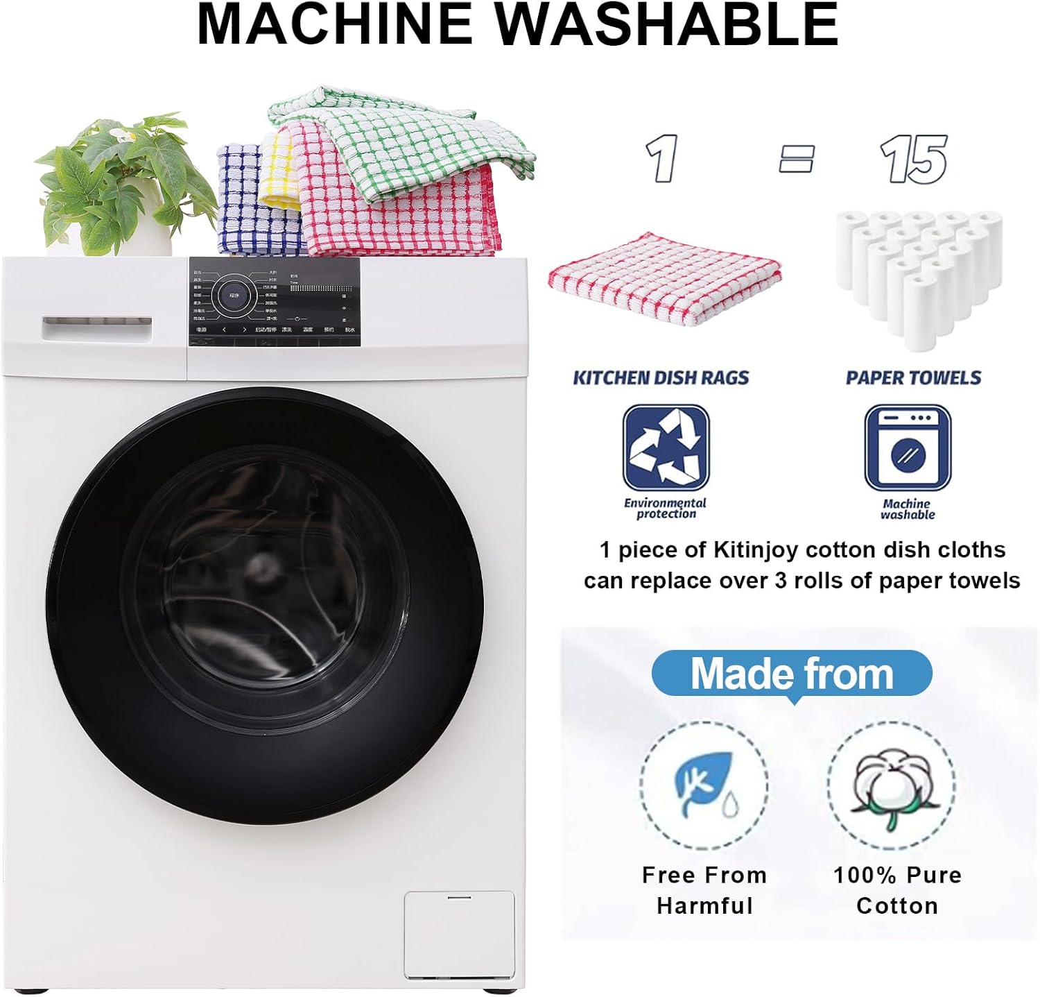 Kitinjoy Cotton 8 Pack Terry Kitchen Dish Cloths, 12 x 12 Inches Super Soft
