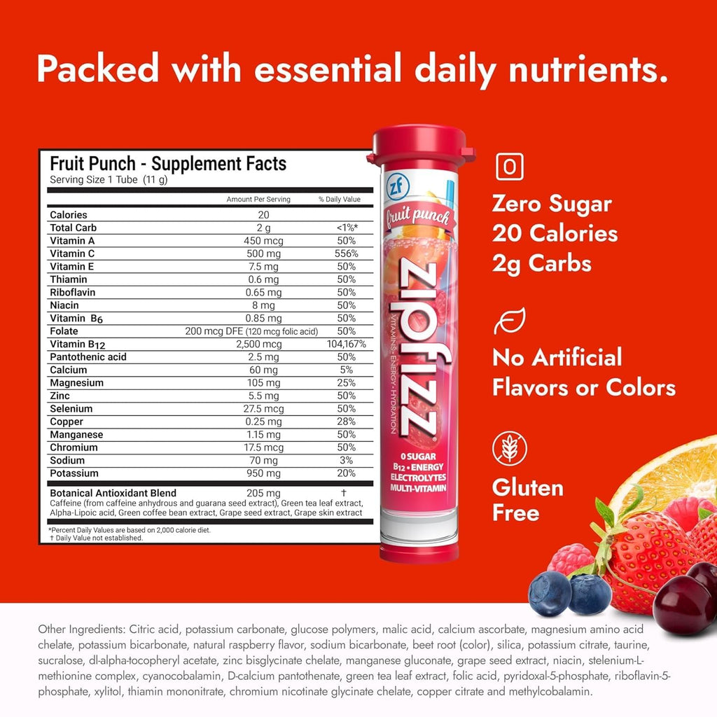 Zipfizz Daily Energy Drink Powder, Fruit Punch, 20 Pack 3-in-1 Sustained