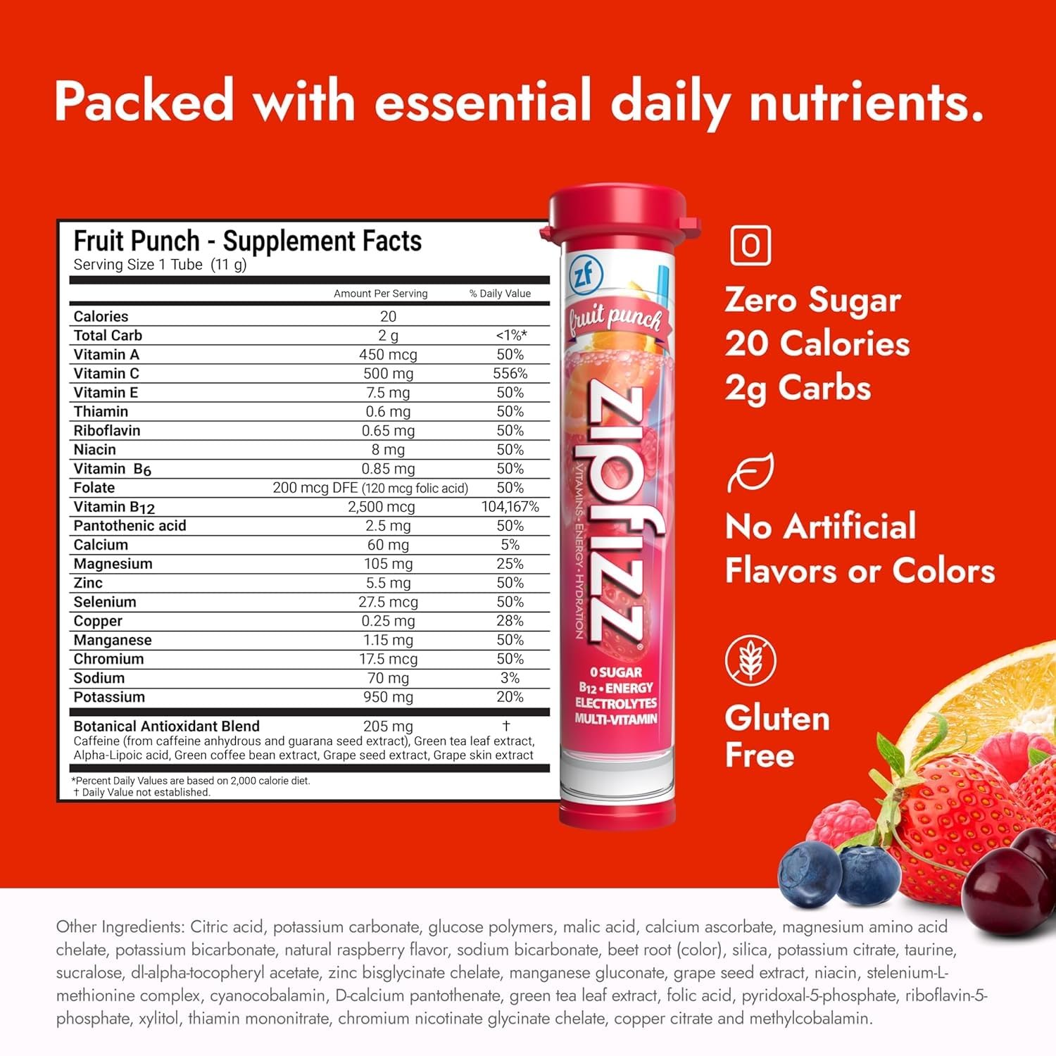 Zipfizz Daily Energy Drink Powder, Fruit Punch, 20 Pack 3-in-1 Sustained