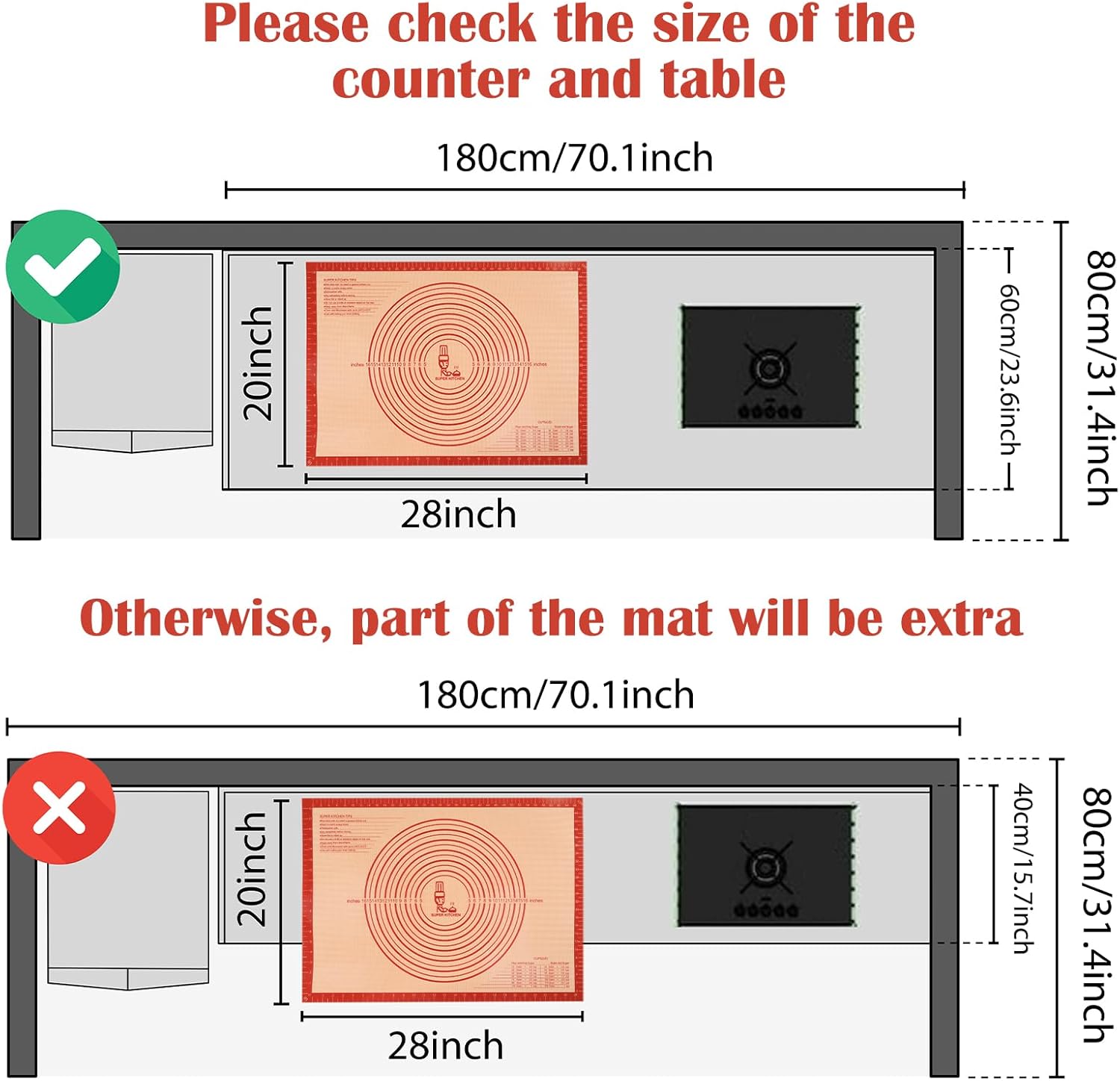 Non-slip Silicone Pastry Mat Extra Large with Measurements 28''By 20'' for