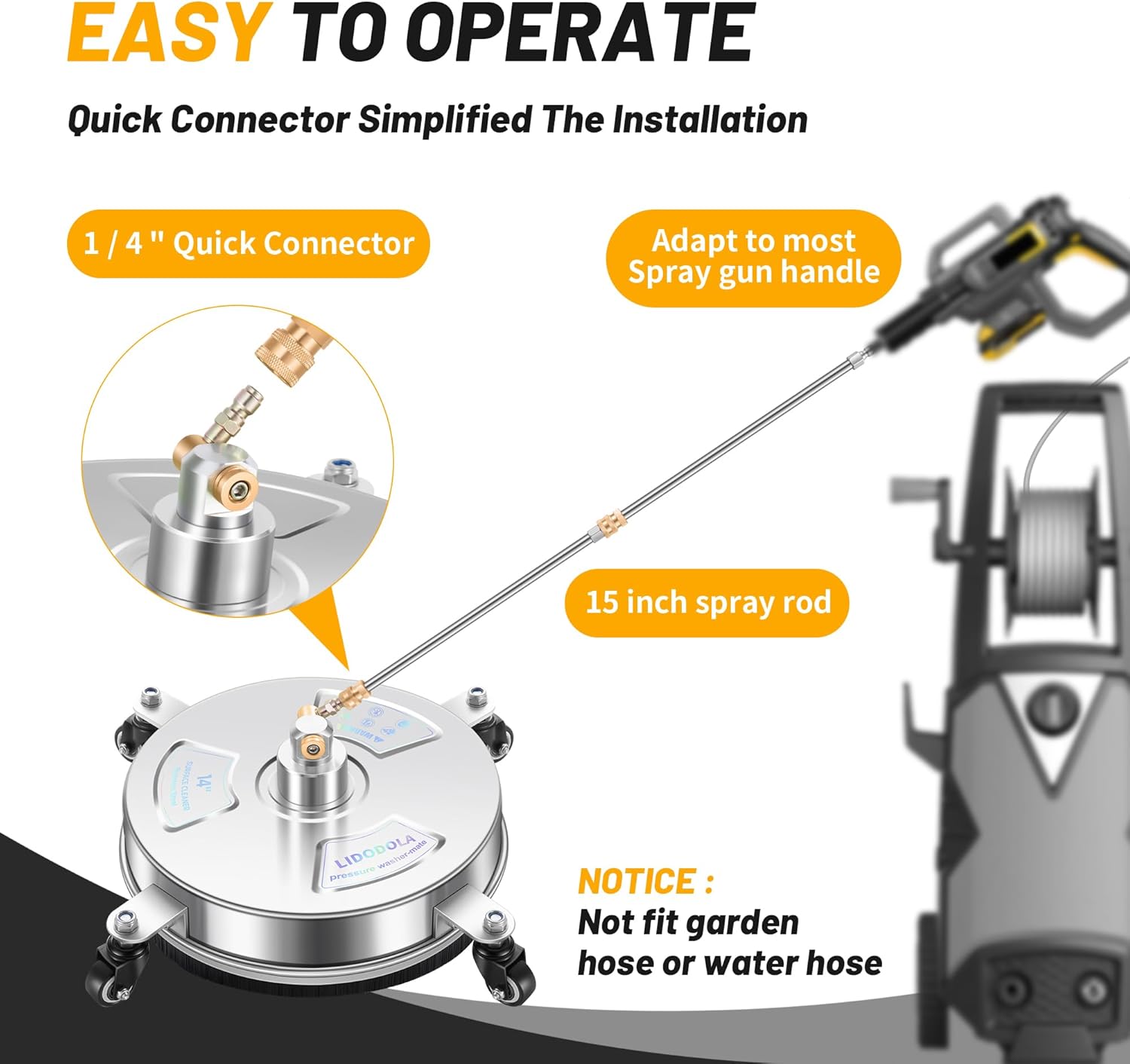 14" Pressure Washer Surface Cleaner with 4 Wheels - Stainless Steel Surface