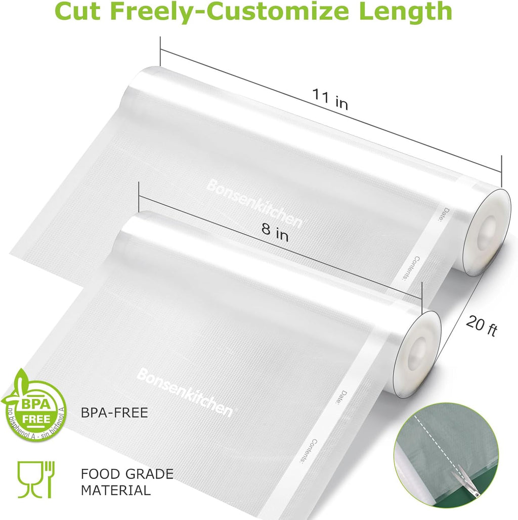 Bonsenkitchen Vacuum Sealer Rolls Bags, 6 Pack 3 Rolls 11" x 20' + 3 Rolls 8"