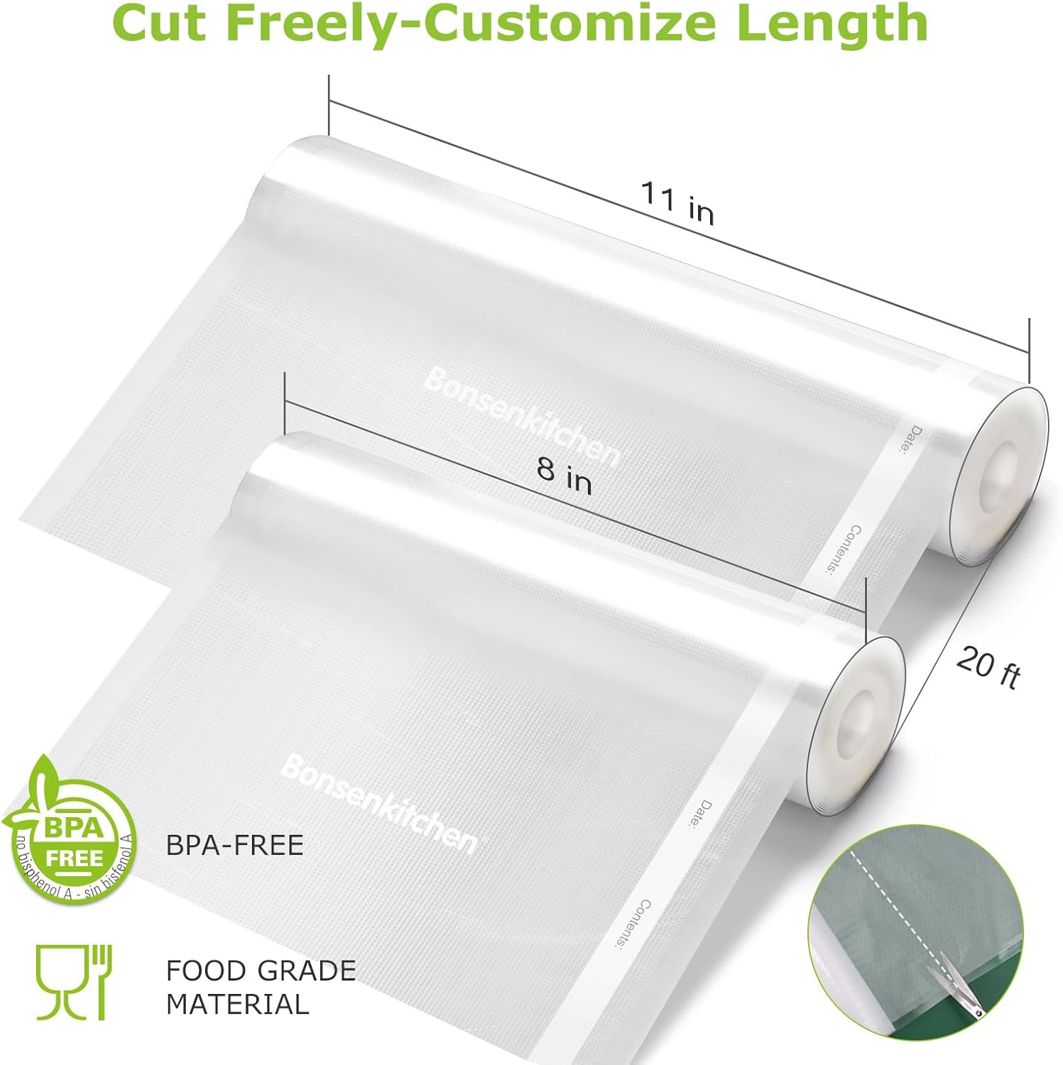 Bonsenkitchen Vacuum Sealer Rolls Bags, 6 Pack 3 Rolls 11" x 20' + 3 Rolls 8"
