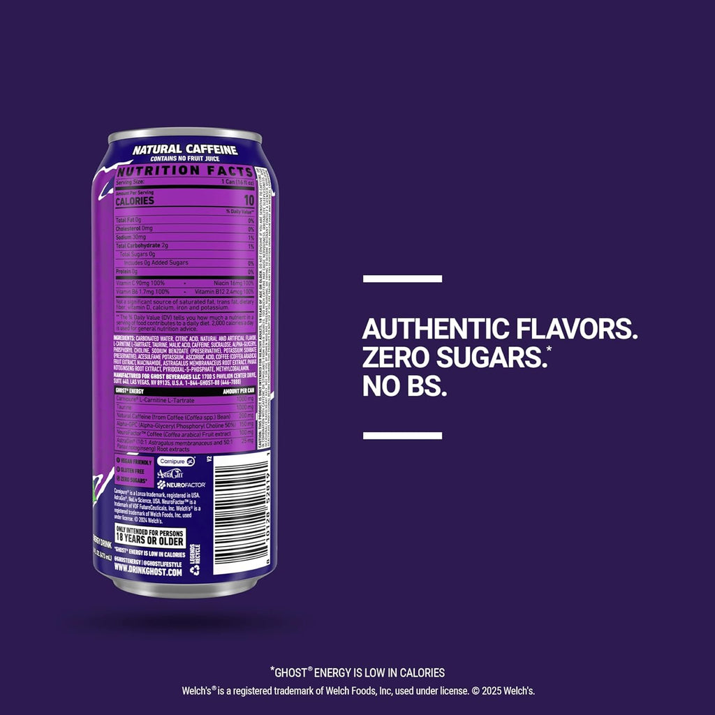 GHOST Energy Drink - 12-Pack, Welch's Grape, 16oz Cans - Energy & Focus & No