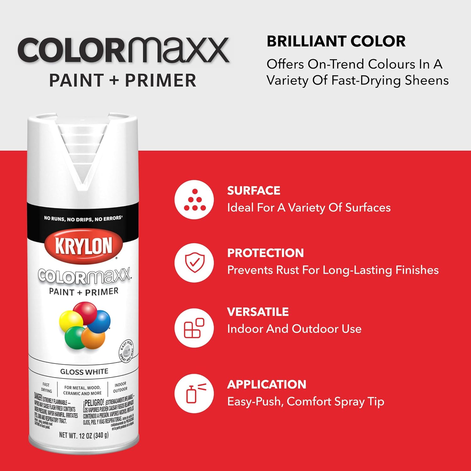 Krylon K05545007 COLORmaxx Spray Paint and Primer for Indoor/Outdoor Use