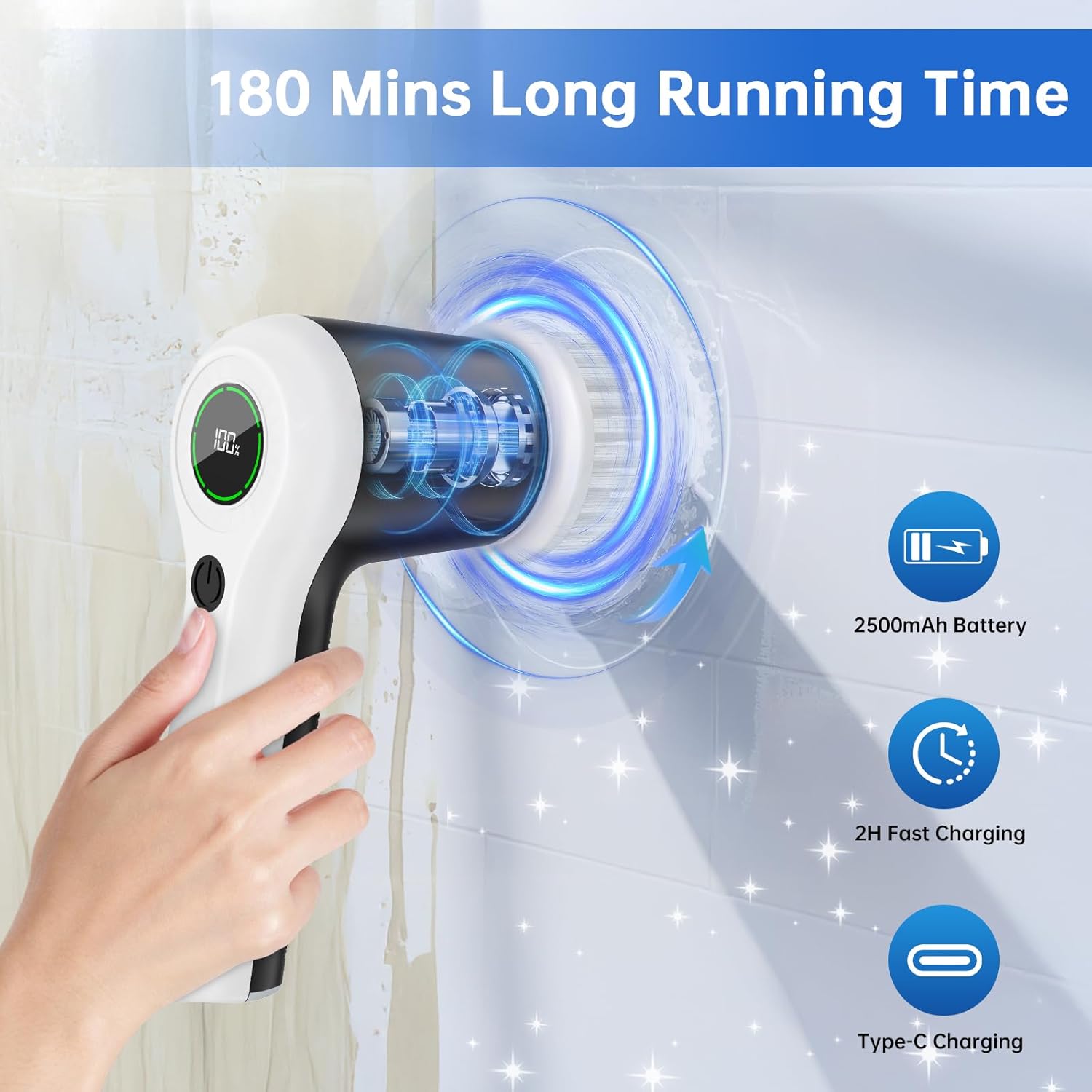 PUFTEM Electric Spin Scrubber, Cordless Shower Scrubber with Battery Level