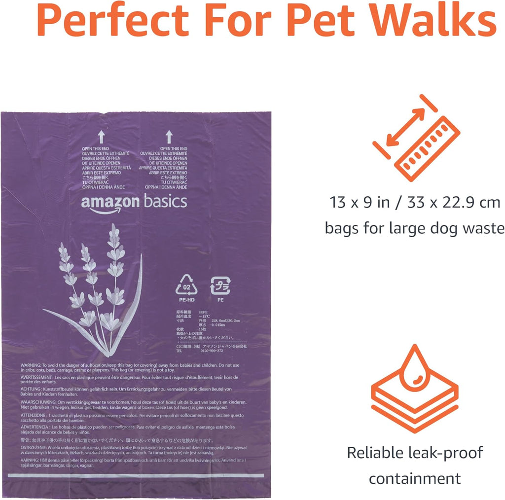 Amazon Basics Premium Lavender Scented Standard Dog Waste Bags, 300 Count (15
