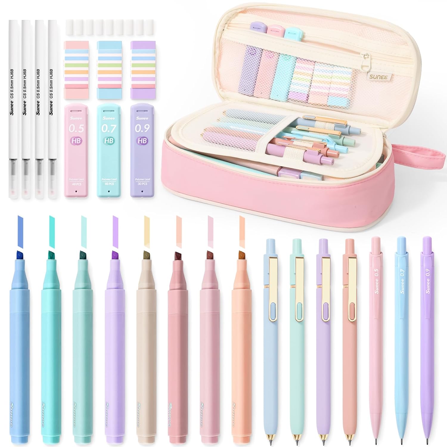 SUNEE Pencil Case with Supplies, 35PCS Aesthetic Stationery Set with Pastel