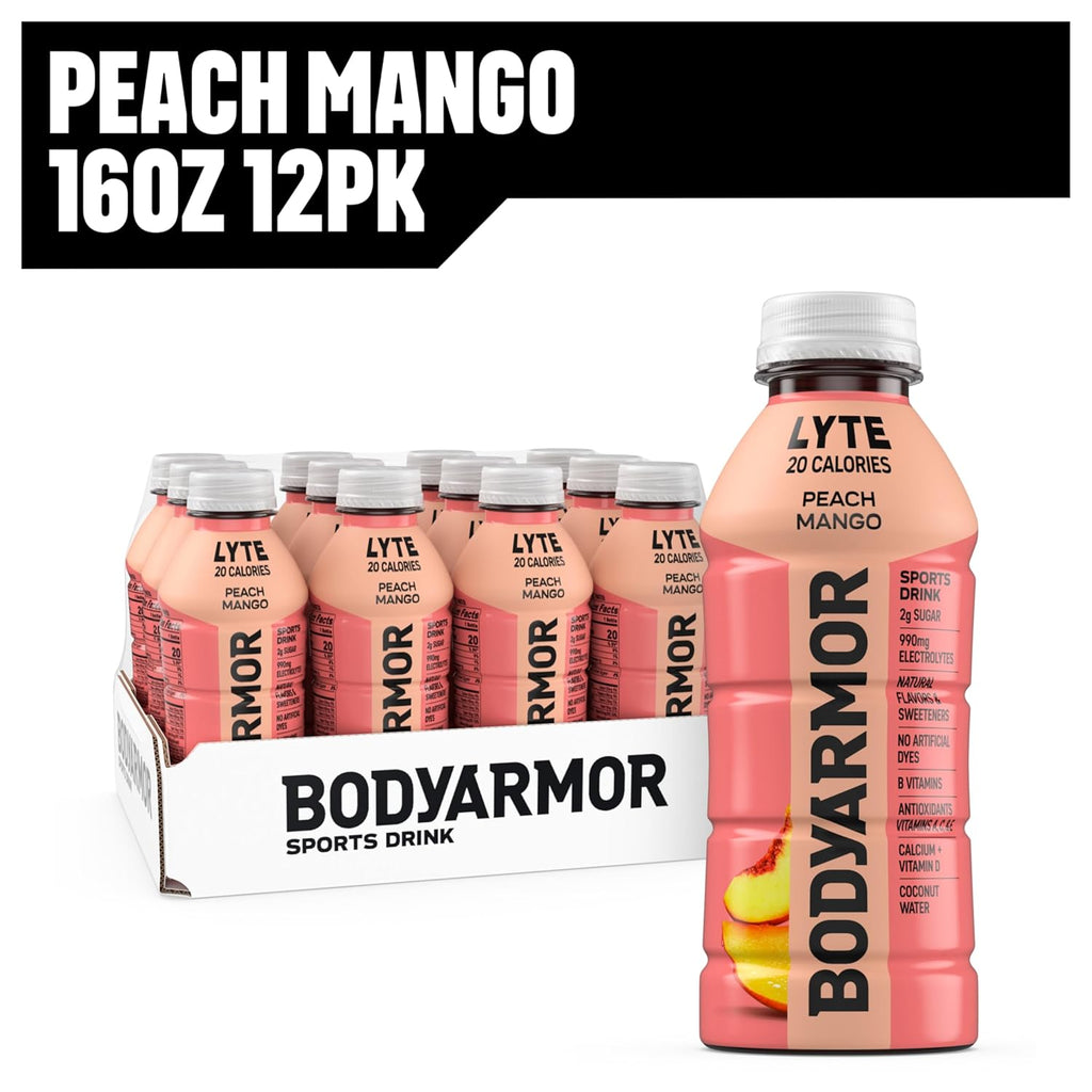 BODYARMOR LYTE, Peach Mango, Electrolyte Drink, 20 Calories, 16 Fl Oz Bottles