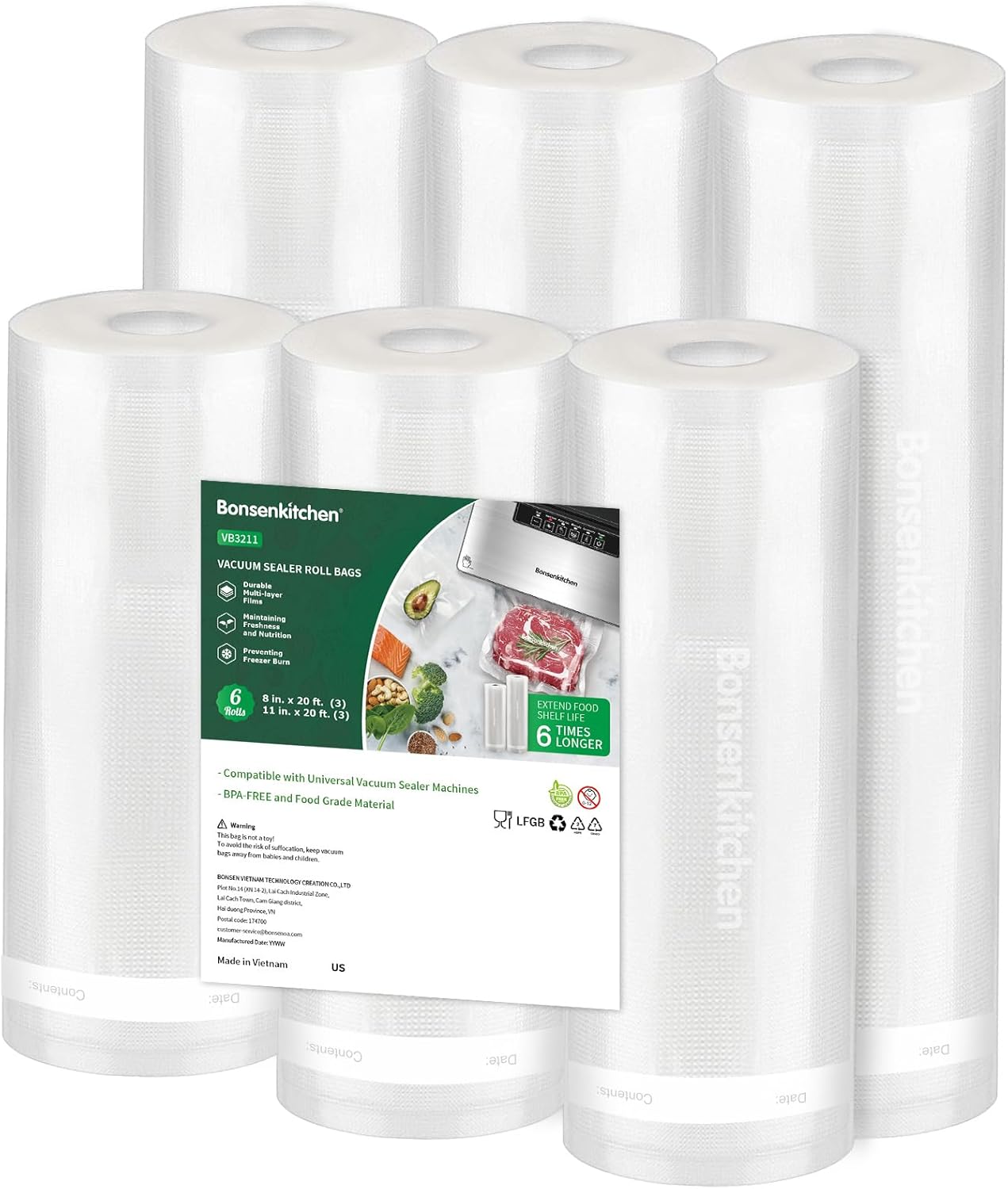 Bonsenkitchen Vacuum Sealer Rolls Bags, 6 Pack 3 Rolls 11" x 20' + 3 Rolls 8"