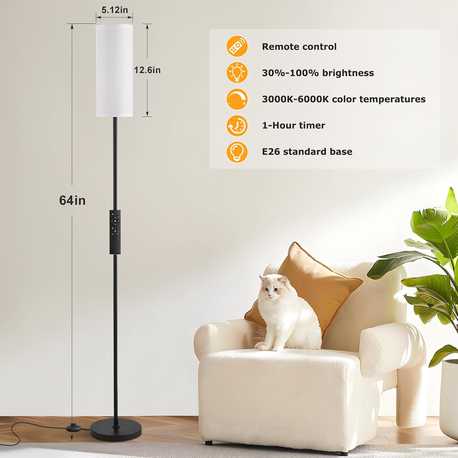 Ambimall Floor Lamps for Living Room, 64" Modern Floor Lamp with Remote